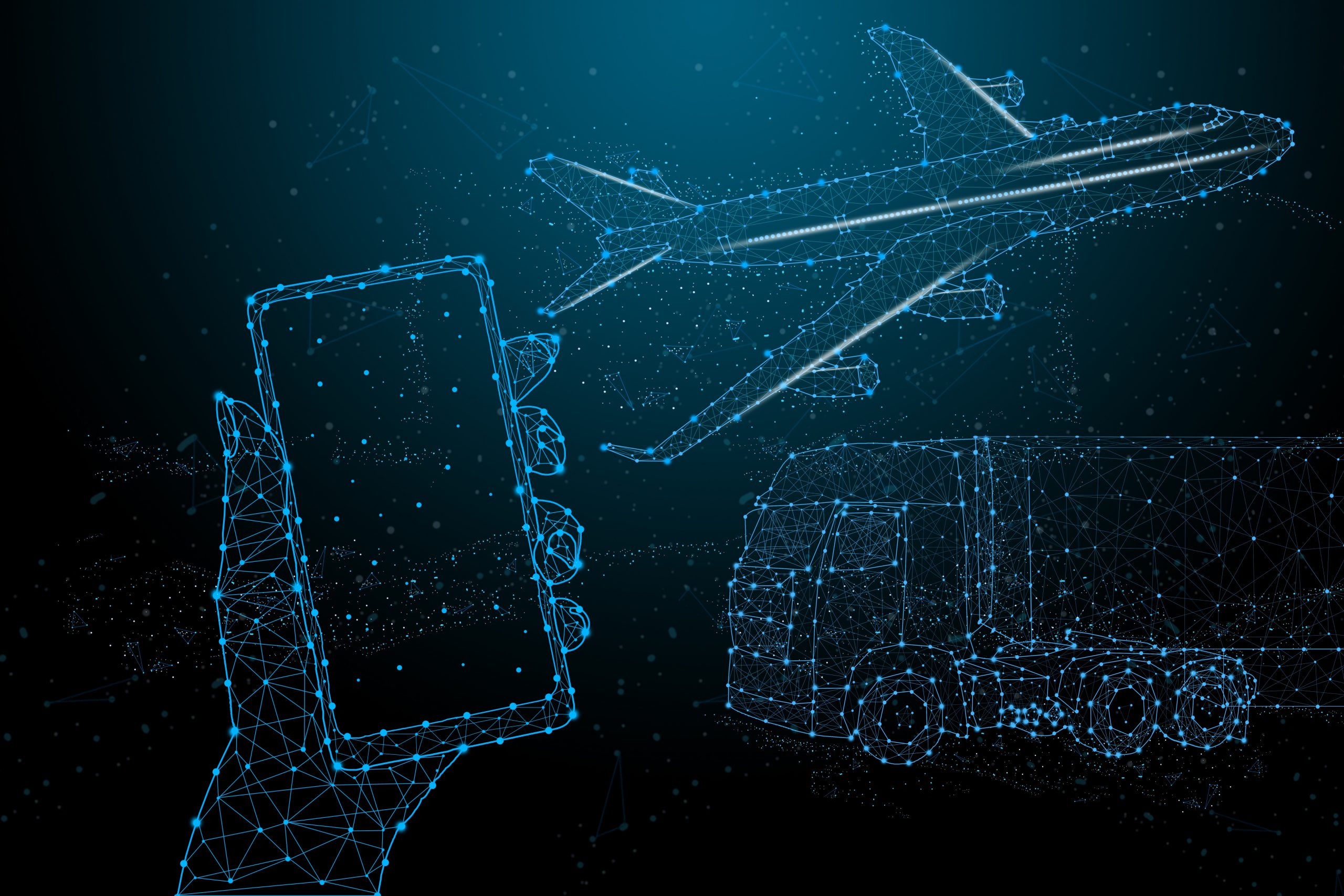 Hand holding smartphone,Futuristic abstract illuminate line and dot wireless connection and wave with triangle bright on blue background,mobile banking shopping online concept technology of future